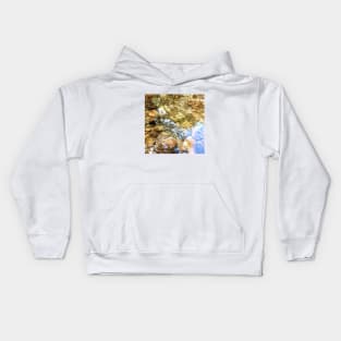 Reflection, lake, trees, pebbles, sparkle, shine, summer, river, aqua, water, spring, holiday, xmas, nature, adventure, rocks, sun, exotic, tropical, blue, turquoise, navy, light Kids Hoodie